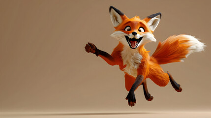 Joyful Fox Jumping with Excitement on Plain Background