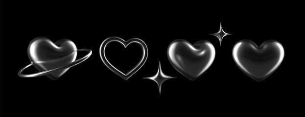 3d chrome hearts and star shapes with sleek metallic silver surfaces on black background. Isolated abstract elements in y2k style for love, valentine, romantic themes, adding a futuristic glossy touch