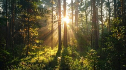Obraz premium Spectacular sun rays shining through woods and tree in the dense forest. Green and lust forest on a beautiful summer day