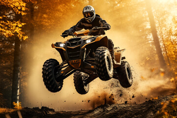 Quad bike rider speeding through a forest path in autumn, surrounded by colorful foliage.