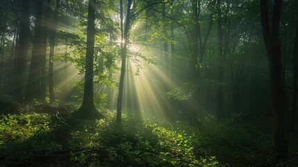 Spectacular sun rays shining through woods and tree in the dense forest. Green and lust forest on a beautiful summer day