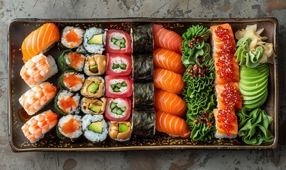 Assorted sushi, rolls big set. A variety of Japanese sushi with tuna, crab, salmon, eel and rolls. Top view