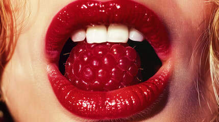 Close up of a woman with red lips eating a raspberry