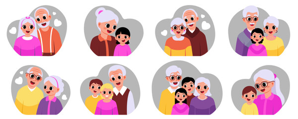 Big set of portraits of grandparents with grandchildren, with hearts in vector