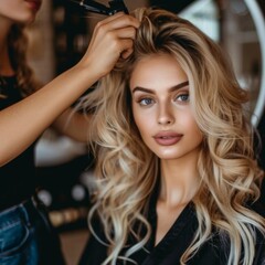 Beautiful blonde woman getting a haircut in a stylish salon