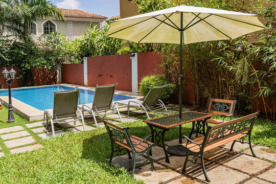 View of the villa buildings in a picturesque area near Sinquerim beach. Sinquerim, Candolim, GOA, INDIA.