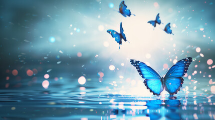Butterfly shining beautifully pale on a lake at night, Copy Space,Space for text,Generative AI,夜の湖に綺麗に青白く輝いている蝶、コピースペース,テキスト用スペース,Generative AI,