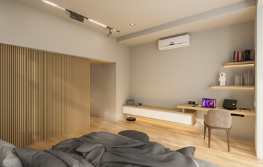 3D Rendering Corner of stylish bedroom with wooden walls, concrete floor, comfortable king size bed with two sideboard tables and vertical mock up poster. 