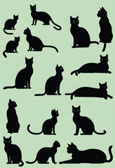 Fototapeta premium a green background with a series of black cat in variety pose