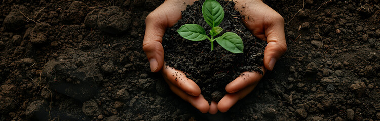 Close-up of hands gently holding a small plant seedling in rich, dark soil