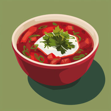 Illustration of healthy and famous food, Ukrainian borscht with selenium and sour cream on the table, unusual background, homemade food, restaurant menu. Tasty and healthy. Famous dishes of the World.