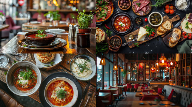Illustration of healthy and famous food, Ukrainian borscht with selenium and sour cream on the table, unusual background, homemade food, restaurant menu. Tasty and healthy. Famous dishes of the World.