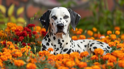 Dalmatian Dog Relaxing in Marigold Flowers