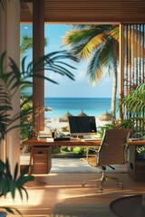 Fototapeta premium Tropical Beach Home Office with Ocean View and Modern Setup