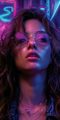 Fototapeta premium A woman with long hair and glasses is wearing a necklace and a bracelet. She is wearing a pair of sunglasses and has a pink lip gloss on. The image has a neon and futuristic vibe