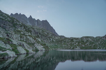 Mountain lake with incredible view during sunset.