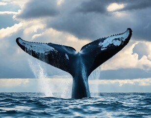 The tail of a humpback whale on the surface of the ocean close-up against the background of clouds