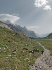 Beautiful views over the mountains with snow on the top of the mountains. The nature while hiking the Tour du Mont Blanc. 
