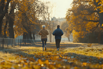 Fototapeta premium A healthy senior couple jogging in a park