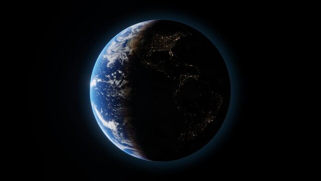 4K beautiful planet earth from sky. planet seamless loop rotating animation. sun light