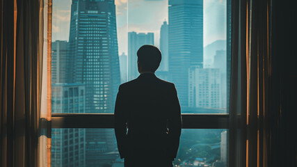 A man in a suit stands in front of a window looking out at the city. The man is wearing a tie and he is waiting for someone. The cityscape outside the window is bustling with activity