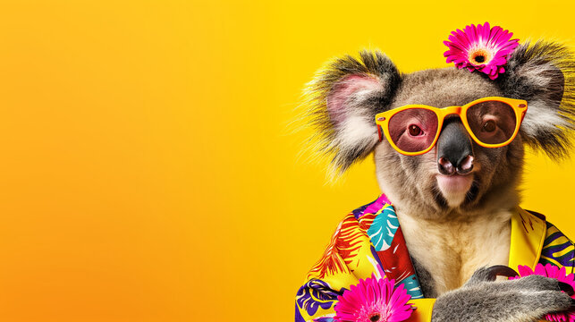 A koala wearing sunglasses and a flower headband. animal concept. koala, vibrant bright fashionable outfits isolated on solid background advertisement with copy space. birthday party invite