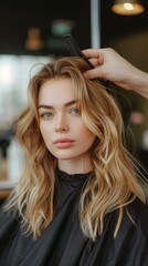 Fototapeta premium Beautiful blonde woman getting a haircut in a stylish salon