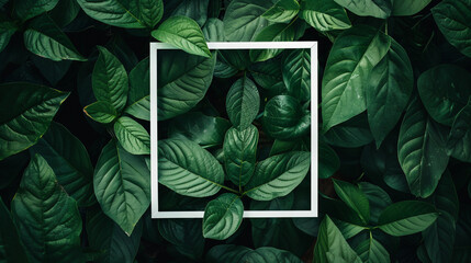 creative layout, green leaves with white square frame, flat lay, for advertising card or invitation