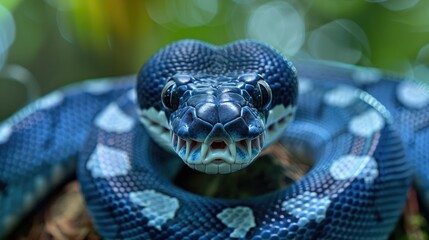 Fototapeta premium Close-up image of a vibrant blue and black snake in a natural setting, highlighting the intricate details of its scales and intense gaze.