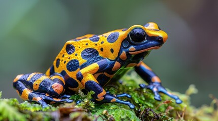 Fototapeta premium Close-up of a colorful poison dart frog with vibrant orange and black patterns sitting on green moss in its natural habitat.