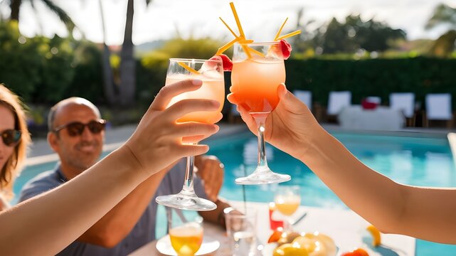A photo of a close-up of hands toasting with summer cocktails at a poolside party, with a sunlit, refreshing background, in a bright,
