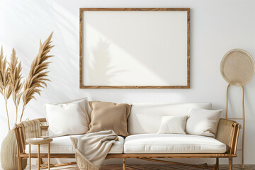 Simplistic style of a blank frame with wood border, living room space