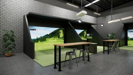 rendering of a modern indoor golf simulator with a hitting station, projection screen, and seating area