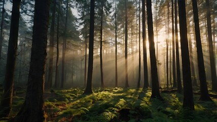 Obraz premium Sunrise view in a beautiful green forest landscape with long and crowded trees