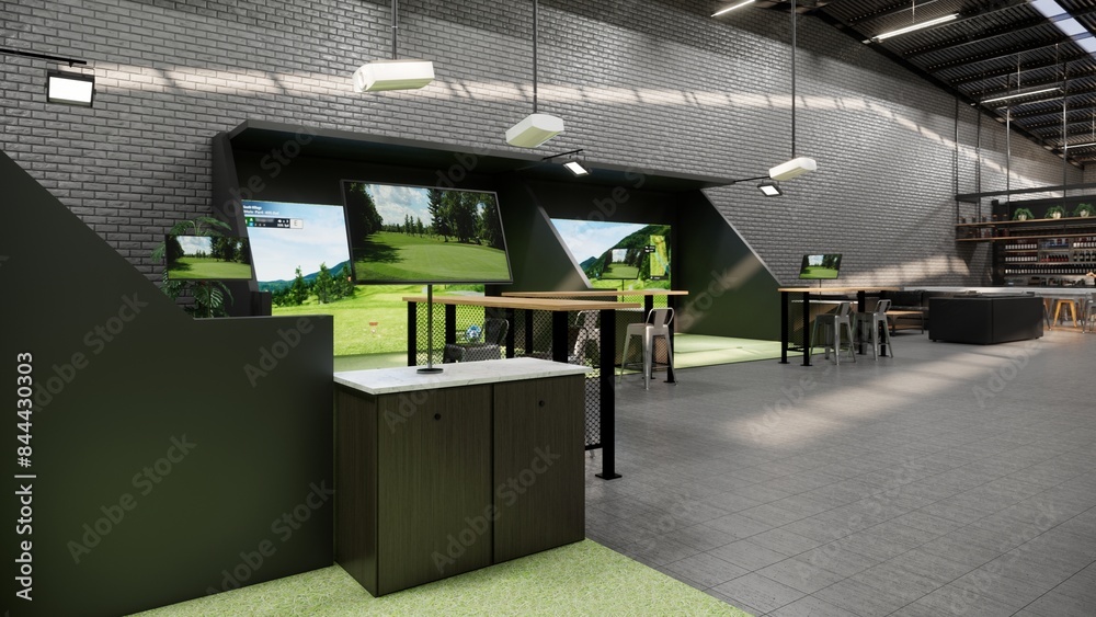 Wall mural rendering of a modern indoor golf simulator with a projection screen, and seating area