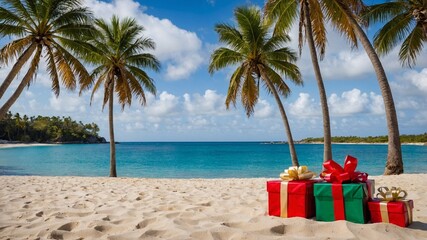 Obraz premium Tropical beach boxes with gifts on the sand. Christmas in exotic countries, anniversary, birthday at the resort.
