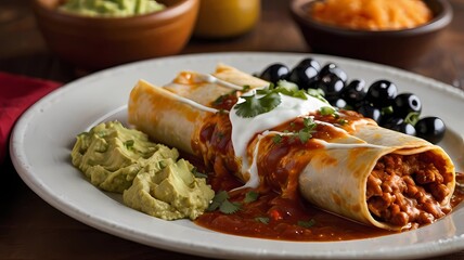 Delicious Mexican Enchiladas with Guacamole and Black Olives
