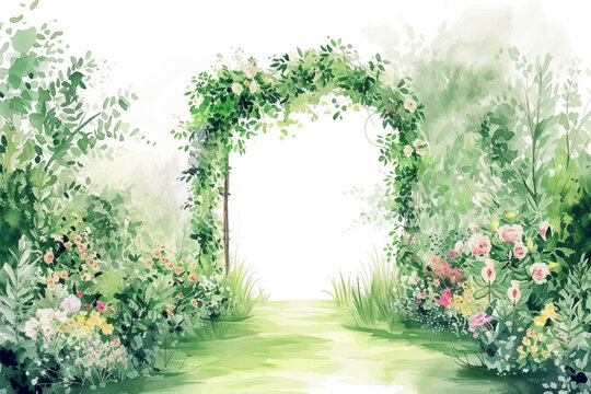 Watercolor green wedding venue arch landscape garden vector with blooming