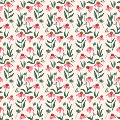 Vector seamless pattern of Coneflowers. Wildflowers endless background. Purple echinacea flower ornament. Happy summer rustic mood. Flat hand drawn illustration.