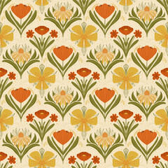 Various retro flowers seamless pattern. Floral vintage endless background. Wildflower scalloped pattern ornament. Art nouveau stylized botanic repeat cover. Vector hand drawn illustration.