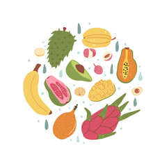 Tropical fruits round composition isolated on white background. Set of exotic sweet food circle emblem. Vector hand drawn flat collection illustration.