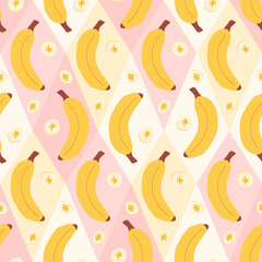 Banana seamless pattern. Exotic sweet dessert y2k endless background with rhombus. Vector hand drawn flat illustration.