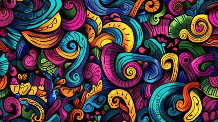 Playful Doodle Art Pattern in Vibrant Colors. Expressive and Bright Design with Vivid Colors