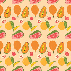 Tropical ripe half slices and whole fruits repeat background. Papaya, guava and lychee seamless pattern. Vector hand drawn illustration.