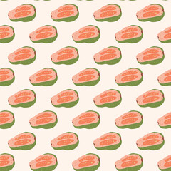 Guava seamless pattern. Tropical ripe half slices repeat background. Vector hand drawn flat illustration