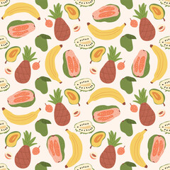 Tropical fruits seamless pattern. Banana, pineapple, guanabana, and mango slices and whole fruit. Vector hand drawn flat illustration.