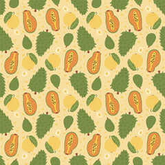 Tropical fruits seamless pattern. Papaya, guanabana and mango endless background. Exotic sweet food repeat cover. Vector hand drawn illustration.