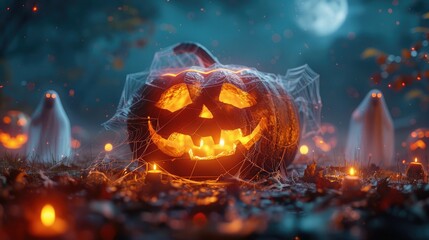 Glowing carved pumpkin with spider web in spooky haunted forest at night, perfect for Halloween themes and festive decorations.