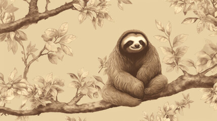 Obraz premium A brown and white drawing of a sloth sitting on a tree branch