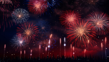 Obraz premium A fireworks display with many red, blue, and white fireworks